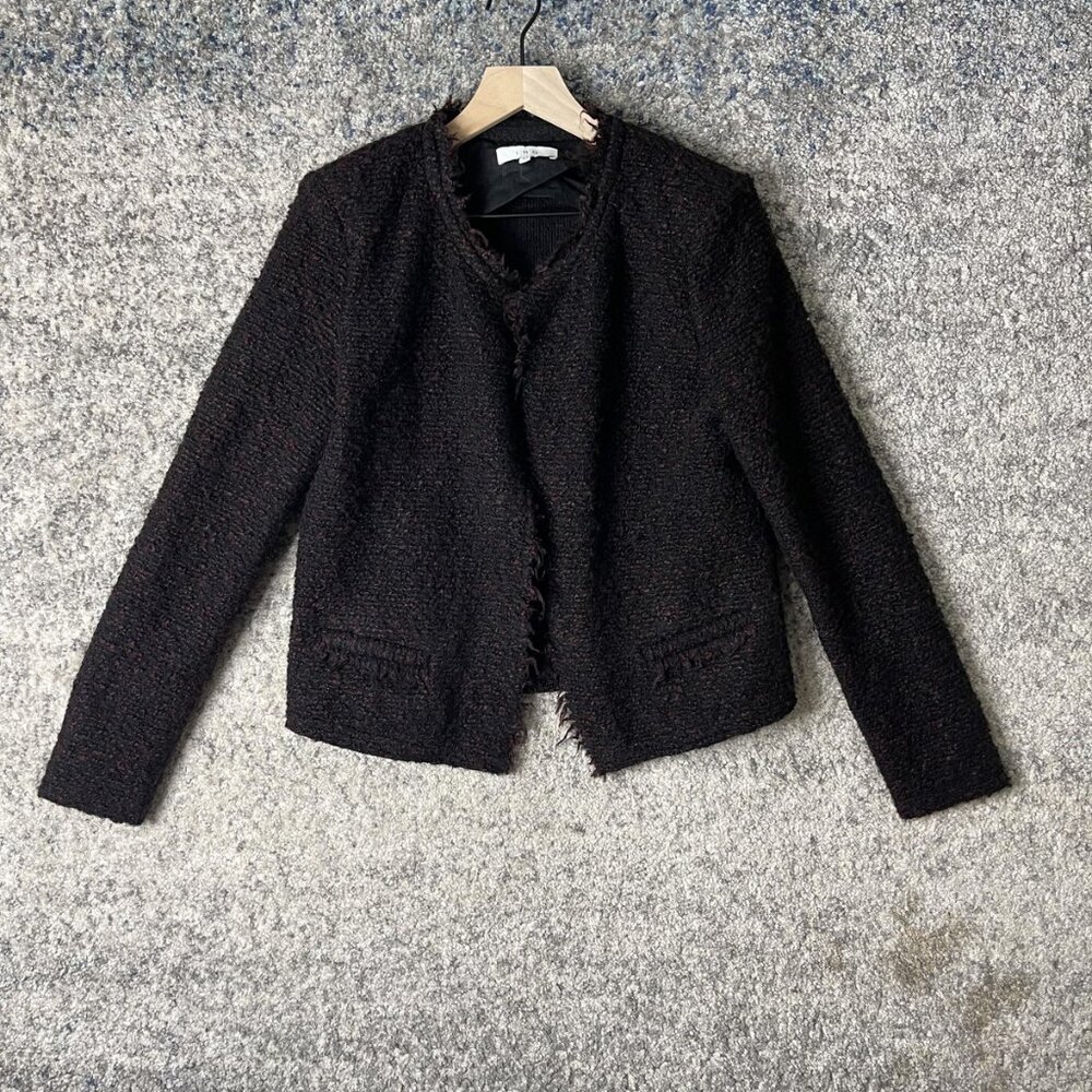 IRO Jacket Womens 42 Black Maroon Boucle‎ Tweed Frayed Trim Open Front Blazer